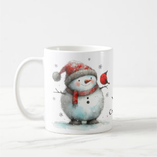 Taza De Café Hombre de nieve y pájaro rojo cardenal