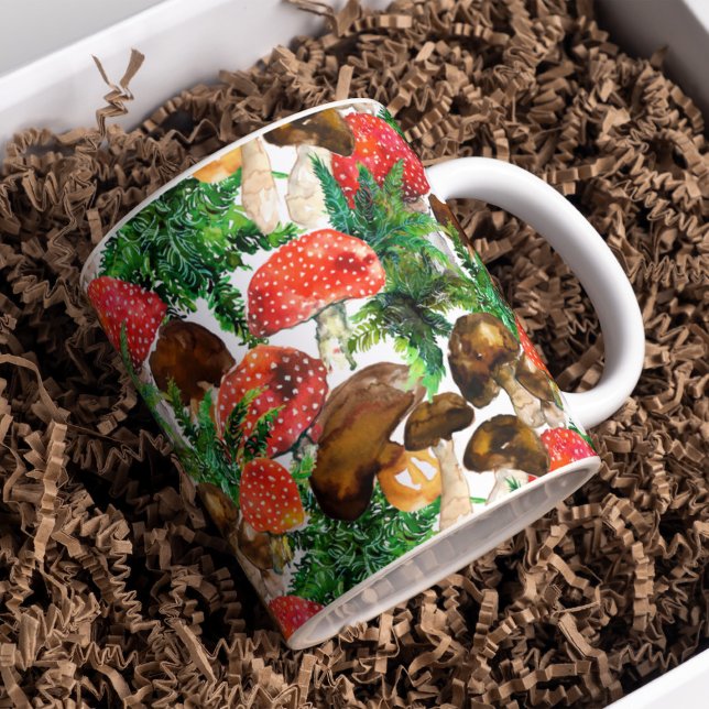 Taza De Café Hongos acuarelas y patrón de helecho verde (Subido por el creador)