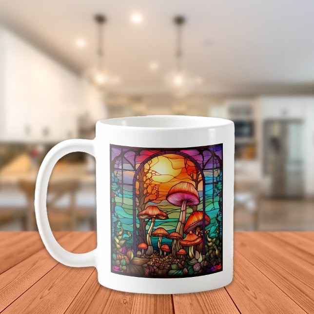 Taza De Café Hongos de vidrio manchado Toadstools Sunrise (Stained-glass mushrooms mug)