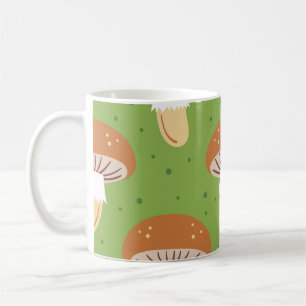Taza De Café Hongos otoñales: patrón sin costuras verde.