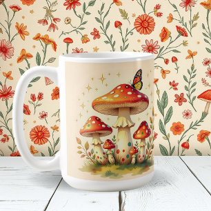 Taza De Café Hongos y mariposa retro Colores vintage