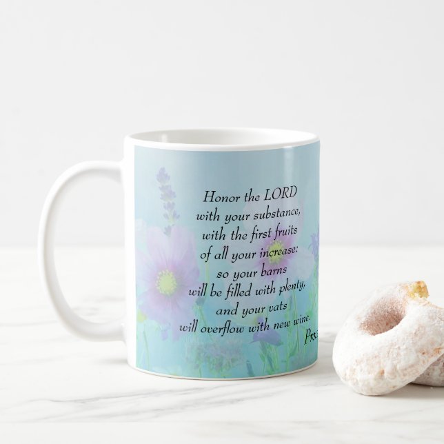 Taza De Café Honra al Señor, Proverbios 3:9,10 (Con donut)