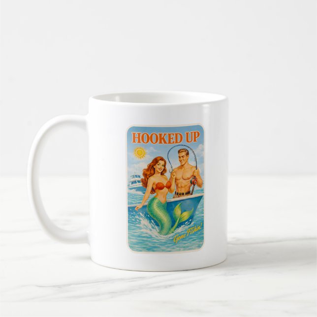 Taza De Café Hooked Up Retro Pin-Up Mermaid | Coastal Fishing (Izquierda)