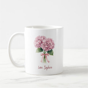 Taza De Café Hortensia Rosa Flor de Primavera Floral Nombre Per