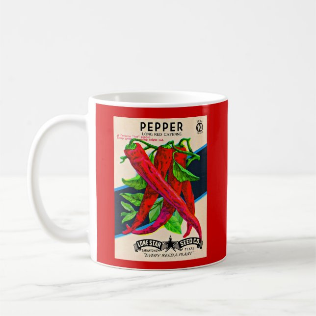 Taza De Café Huella de pimienta cayenne sobre paquetes de semil (Izquierda)