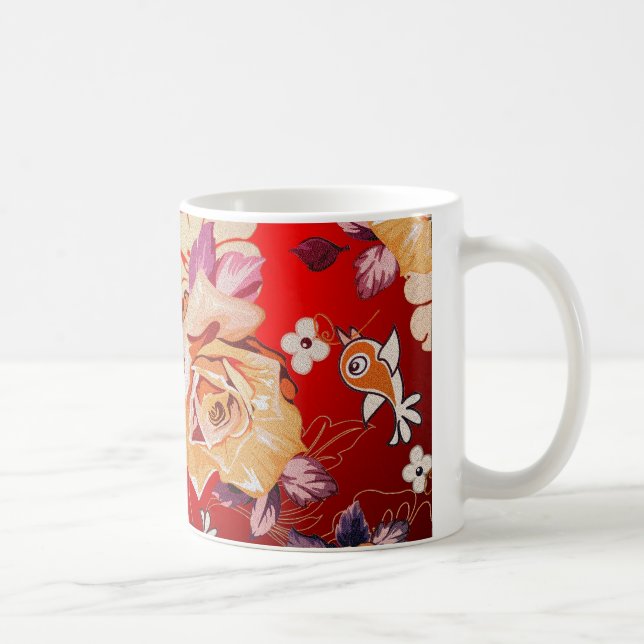 Taza De Café Huesos Rojos Mano Rústica dibujada Rosa y pájaros (Derecha)