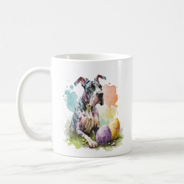 Taza De Café Huevo de Pascua de Perro Grandioso de Danés, Feliz (Izquierda)