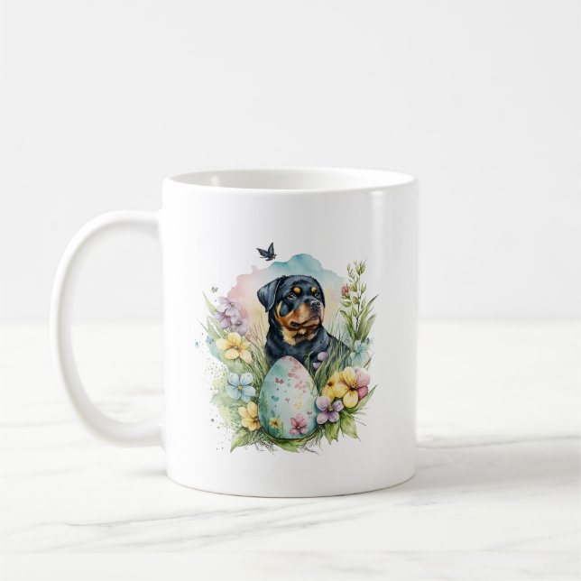 Taza De Café Huevo de Pascua Rottweiler Perro, Rottweiler Feliz (Izquierda)