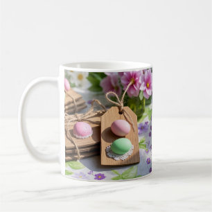 Taza De Café Huevos de Pascua en mesa de jardín