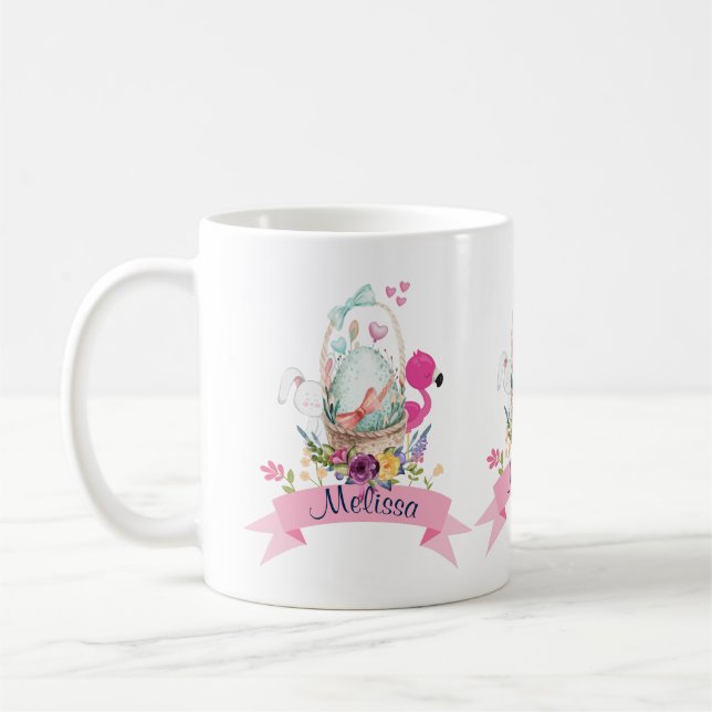 Taza De Café Huevos, flamencos rosados y conejito, /w cinta de  (Izquierda)