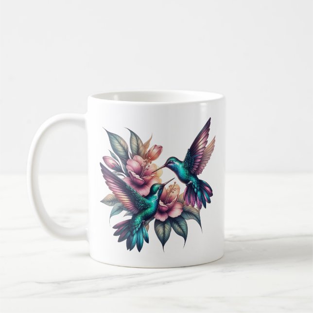 Taza De Café Hummingbird y flor cerámica clásica (Izquierda)