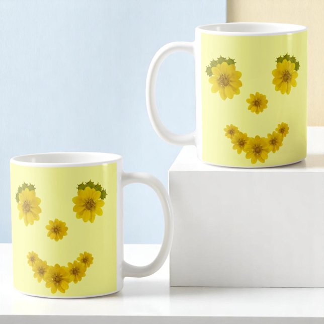 Taza De Café Humorística Sunshine Flores Amarillas Sonríe Cara (flower smile design on both sides of mug)