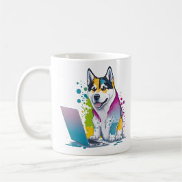 Taza De Café Husky Dog Computer Rainbow Watercolor Tech Savvy