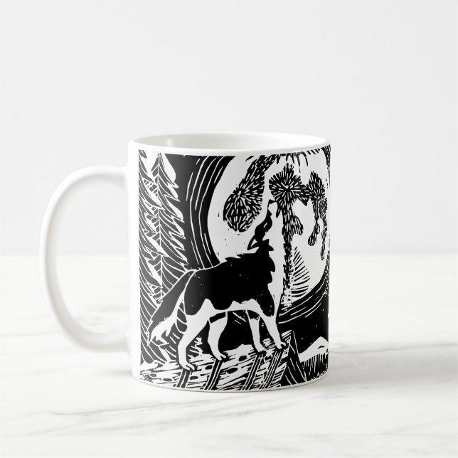Taza De Café Husky negro y blanco en el Linocut nocturno (Izquierda)