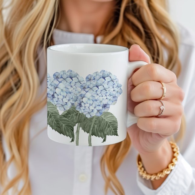 Taza De Café Hydrangea Azul Florece Hamptons Cerámica (blue hydrangea ceramic mug with custom name)