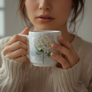 Taza De Café Hydrangea Floral Blanca Delicada a la Acuarela