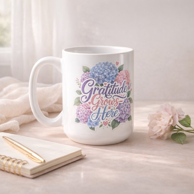 Taza De Café Hydrangea : La gratitud crece aquí (Hydrangea : Gratitude Grows Here Coffee Mug)