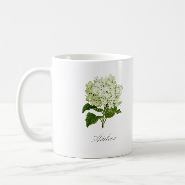 Taza De Café Hydrangea Verde y Blanca con Nombre Personalizado (Izquierda)