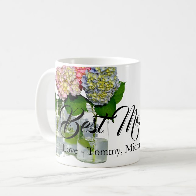 Taza De Café Hydrangeas y Mason jar la mejor mamá de todos los  (Anverso izquierdo)