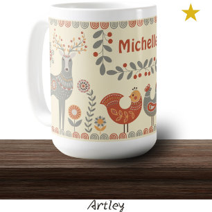 Taza De Café Hygge Folk Art Animals Nombre personalizado