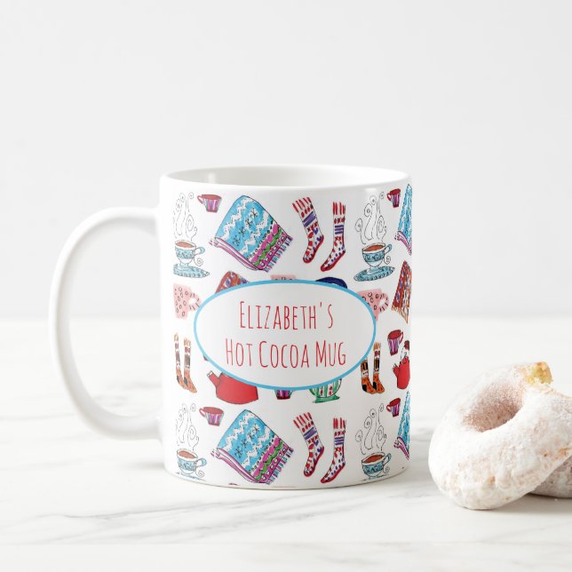 Taza De Café Hygge Hot Cocoa Cute Winter Ilustrado A Mano (Con donut)