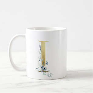 Taza De Café I dorado inicial con follaje floral azul