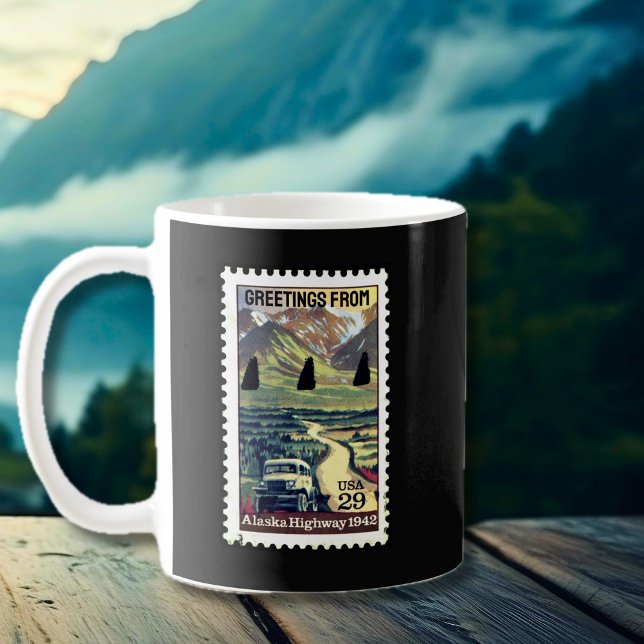 Taza De Café Icónica Carretera Alaska Sello retro Café Mug (Iconic Alaska Highway Retro Stamp Coffee Mug)