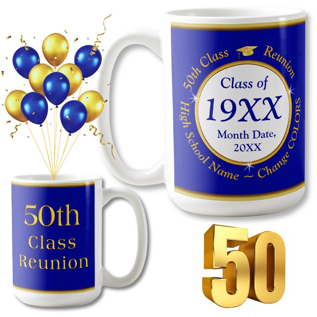 Taza De Café Ideas de Reunión de Clase Personalizada 50 años, (Blue and Gold, 50th Class Reunion Souvenirs, Personalized, 50th high school reunion ideas. 50 year.)