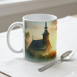 Taza De Café Iglesia al amanecer con pájaros en prado brumoso S