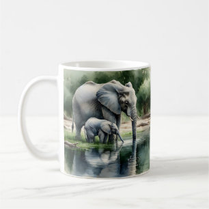 Taza De Café Ilustracion acuático de mamá y bebé elefante