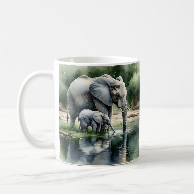 Taza De Café Ilustracion acuático de mamá y bebé elefante (Izquierda)
