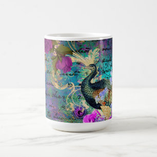 Taza De Café Ilustración Antigüedad Pavón y Flores Grunge