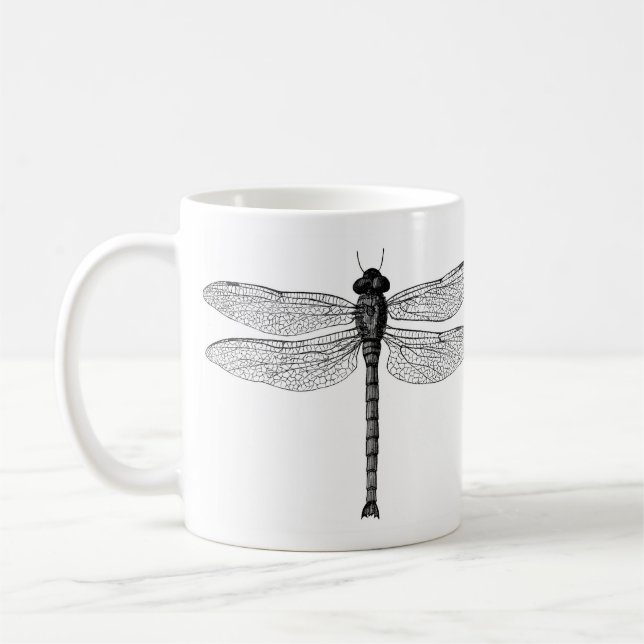 Taza De Café Ilustracion blanco y negro de la libélula del (Izquierda)