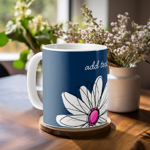 Taza De Café Ilustracion Daisy Floral de moda - marina y rosa