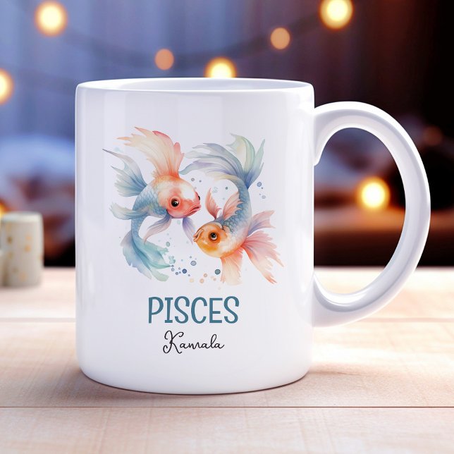 Taza De Café Ilustracion de acuarela Cuidada Pisces Zodiac Nomb (Cute Watercolor Illustration Pisces Zodiac Name Coffee Mug)