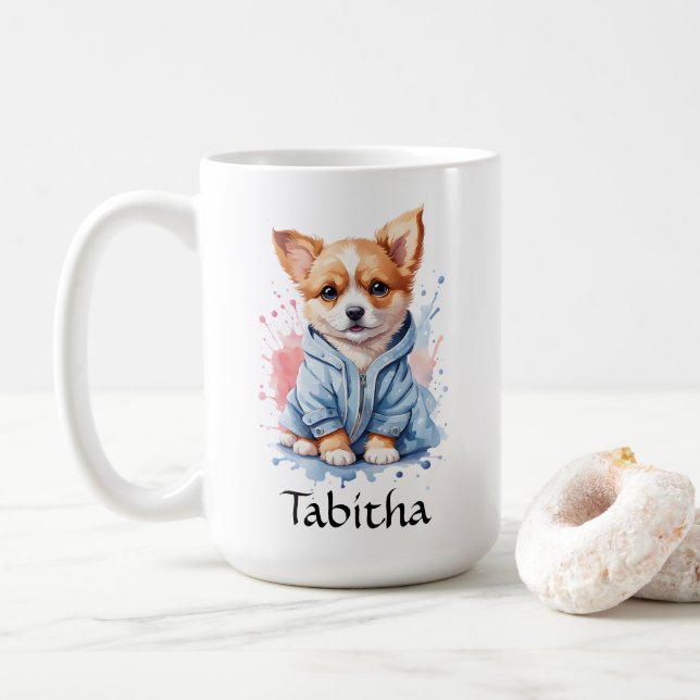 Taza De Café Ilustracion de acuarela de cachorro personalizado (Con donut)