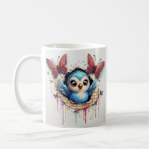 Taza De Café Ilustracion De Aves Azules Y Mariposa