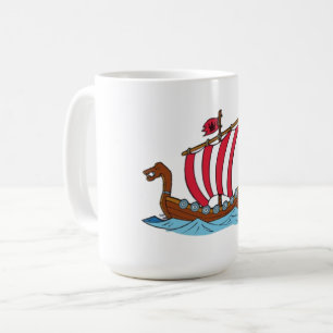 Taza De Café Ilustración de barco vikingo con vela a rayas blan