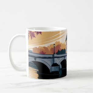 Taza De Café Ilustración de ciudad europea ribereña de otoño
