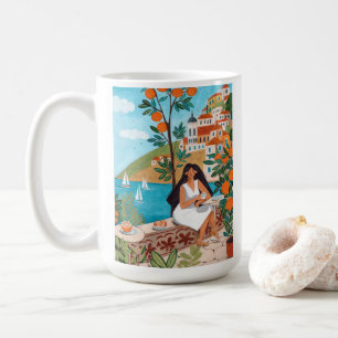 Taza De Café Ilustración de escena de café en la costa italiana