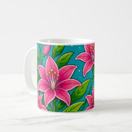Taza De Café Ilustración de flores de lirio rosadas con follaje