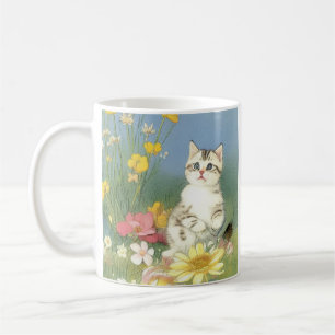Taza De Café Ilustracion de gatito vintage con flores amarillas