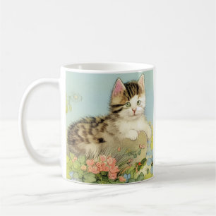 Taza De Café Ilustracion de gato vintage con flores rosas