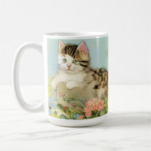 Taza De Café Ilustracion de gato vintage con flores rosas