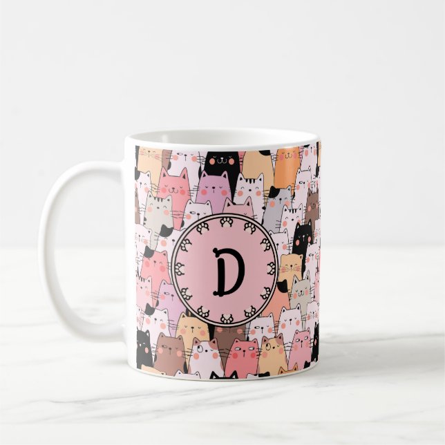 Taza De Café Ilustracion de gatos rosados Monograma Mug (Izquierda)
