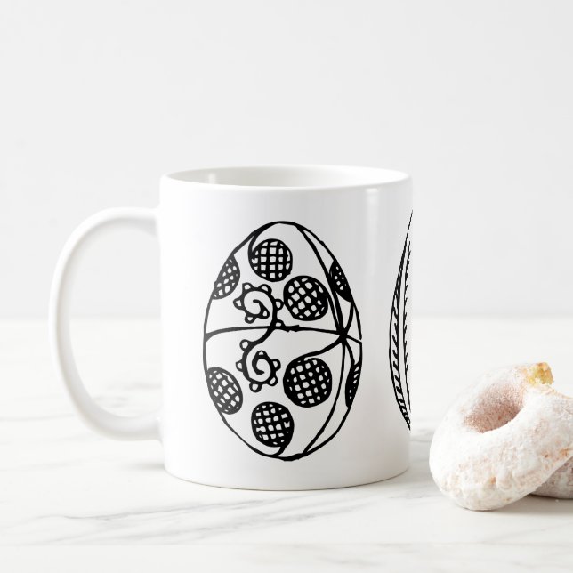 Taza De Café Ilustracion de Huevos de Pascua con tres manos (Con donut)