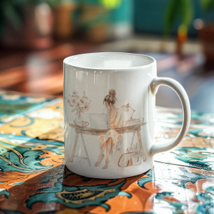 Taza De Café Ilustración de Jefa con Monograma Chic   Acuarela