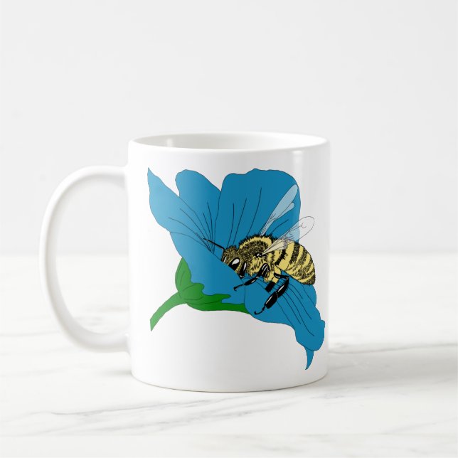 Taza De Café Ilustracion de las flores azules de abejas (Izquierda)