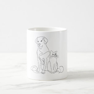 Taza De Café Ilustración de línea de arte de perro y gato pinta