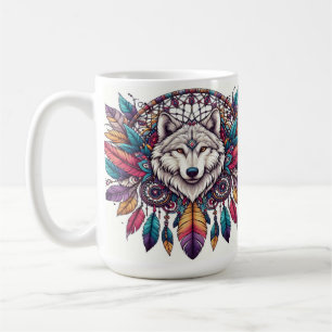 Taza De Café Ilustración de lobo con atrapasueños estilo bohemi